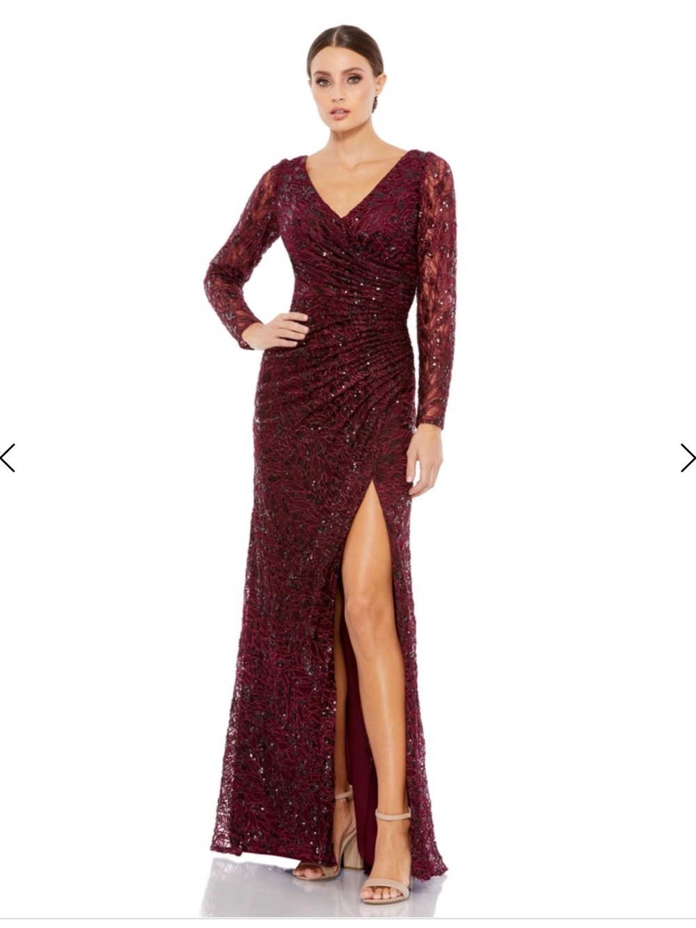 Mac Duggal Burgundy Long Sleeve Sequined Evening Gown